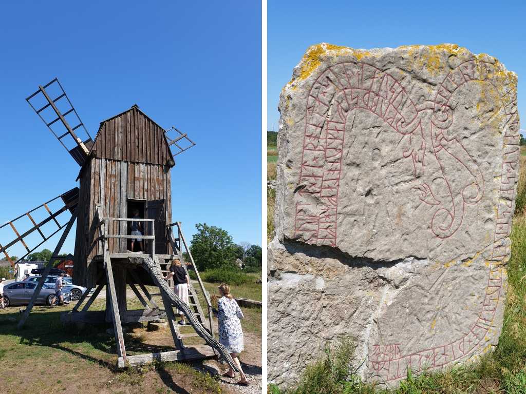 Runenstein und Windmühle auf der schwedischen Insel Öland